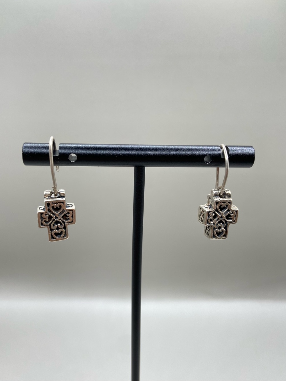 Silver Boxed Heart Filigree Cross Earrings